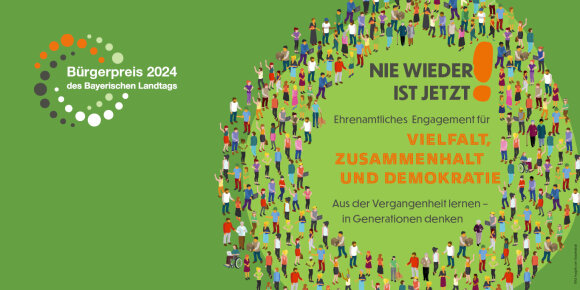 Das Bild zeigt das Plakat mit der Ausschreibung "Nie wieder ist jetzt" zum Bürgerpreis